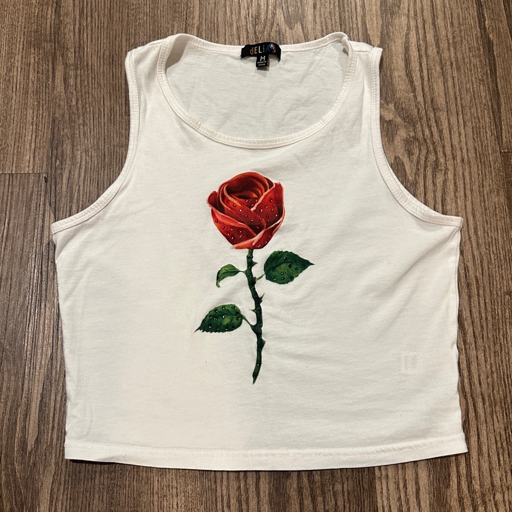 Delia’s White Tank Crop Top with Bejeweled Rose Size Medium